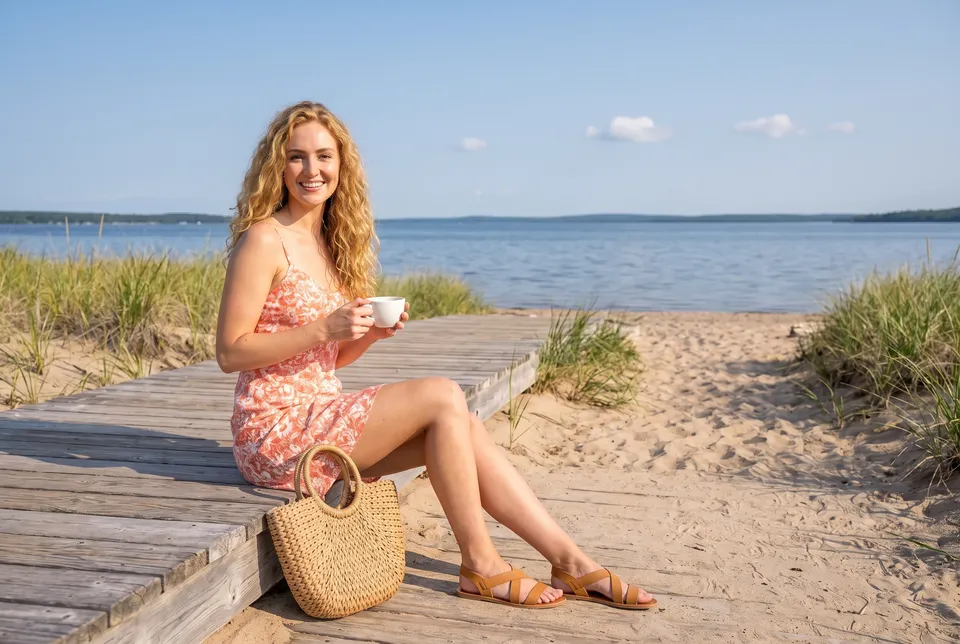A woman with coffee on a beach boardwalk