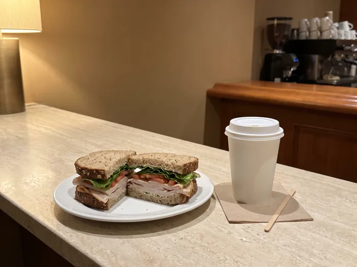 Turkey sandwich and a latte on a café counter