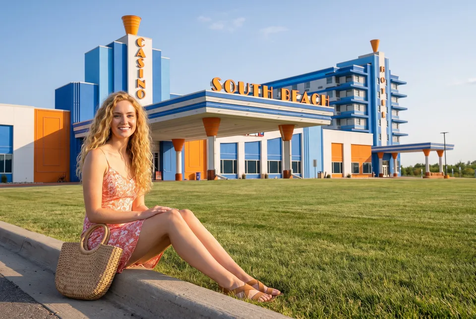 A woman on the lawn by the South Beach entrance