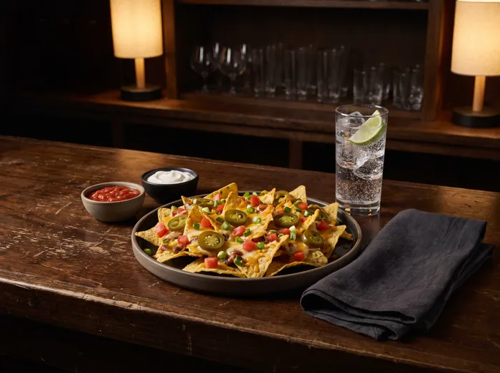 Nachos and sparkling water on a bar counter