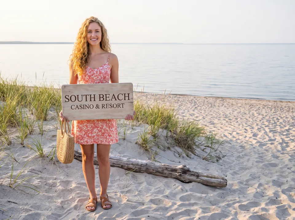A woman on a sandy beach holding a resort sign