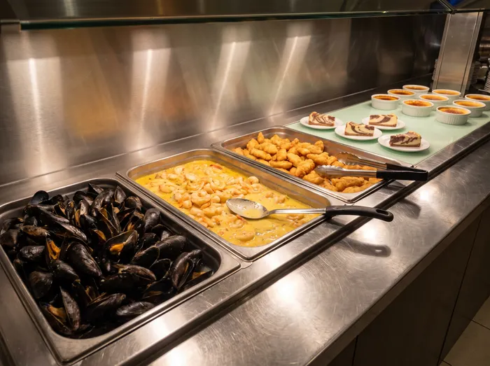 Buffet trays with mussels, shrimp and desserts