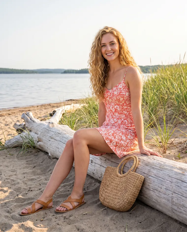 A woman on a driftwood log by the lake